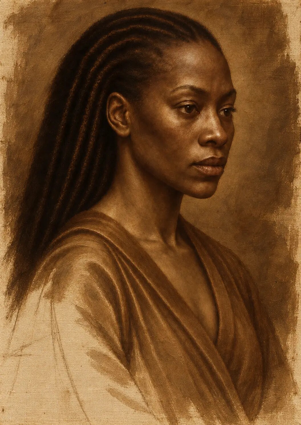 Monochrome earth-colour underpainting establishing the portrait's light and volume.