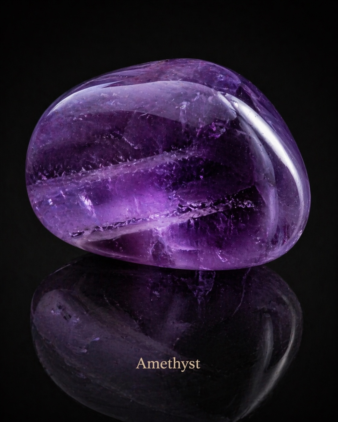 Purple amethyst with cloudy interior passages reflected against black