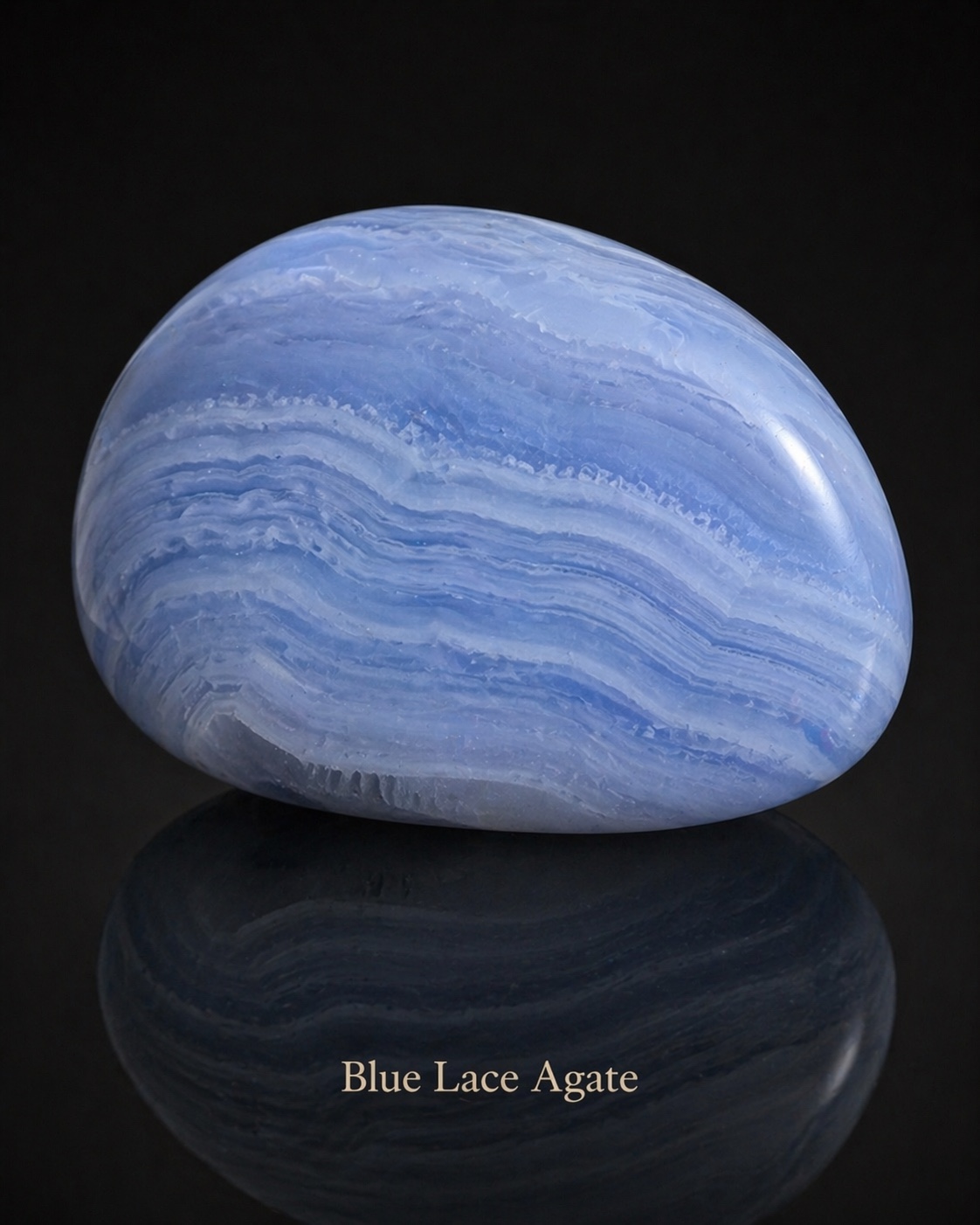 Blue Lace Agate with pale blue and white flowing bands, reflected against black