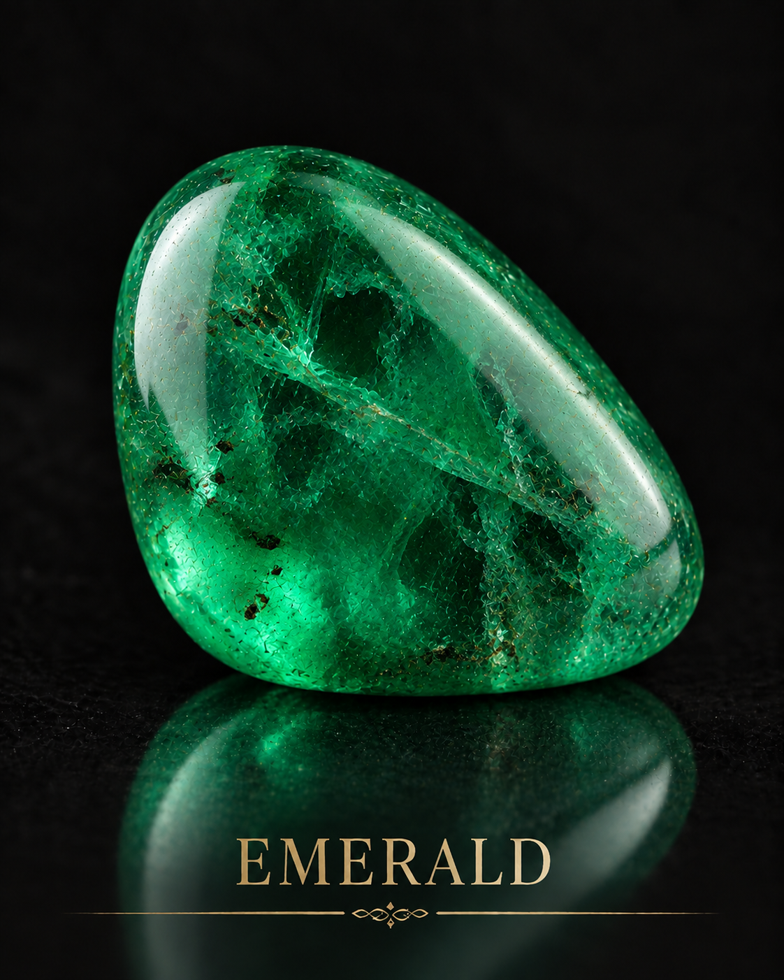 AI-generated green Emerald with a polished rounded surface, soft reflections and garden-like internal textures against black