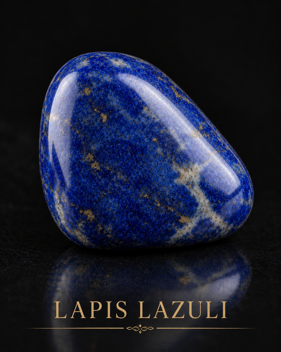 AI-generated polished lapis lazuli study with deep blue colour, small golden pyrite-like flecks and pale patches reflected against black